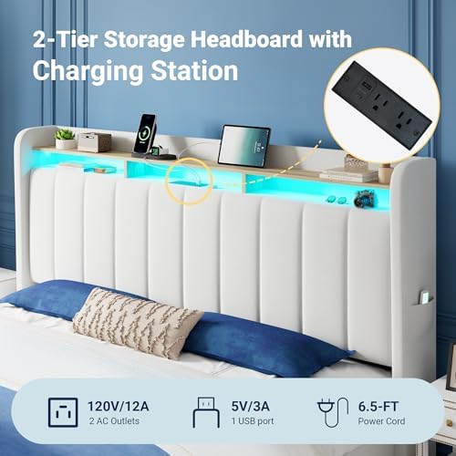 Allewie King Size Bed Frame with 2-Tier Storage Headboard & 2 Large Drawers
