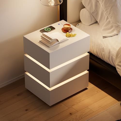 homary 3-Drawer LED Smart Nightstand with Wireless Charging, USB & Type-C Ports – Modern White Bedside Table with Storage and Adjustable Light, Bedroom Night Stand with Glossy Stainless Steel Base