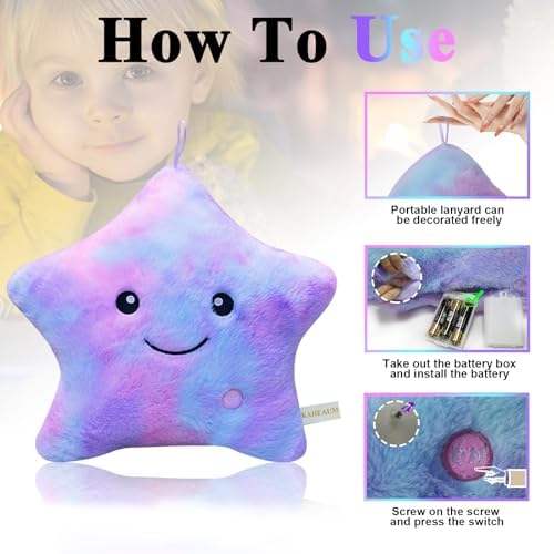 Star Pillows Light Up Stuffed Animal Soft Plushies for Boys Girls Kids Pillow Daughter Plush Children Toy Birthday Adults Valentines, Colorful Glowing Decorative Throw Pillows