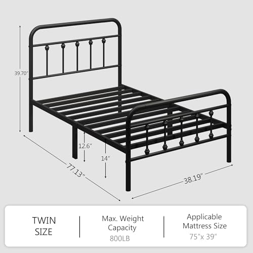 zunatu Twin Size Metal Bed Frame, Victorian Style Headboard and Footboard