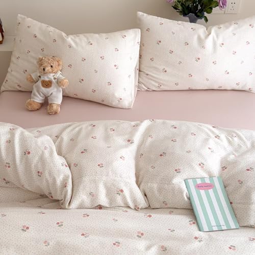 Pink Duvet Cover Full Size 100% Cotton Muslin Cute Cherry Bedding Set for Teen Girls Women,Soft Comfy Double Gauze Bedding Quilt Covers,3 Pieces(1 Duvet Cover with 2 Pillowcases)