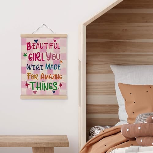 MAQIKA Inspirational Girls Room Poster Framed with Wood Hanger, Pink Girl Nursery Hanging Wall Decor, Motivational Canvas Wall Art Paints for Kids Toddler Girl Nursery Room Bedroom, 12x16 Inch
