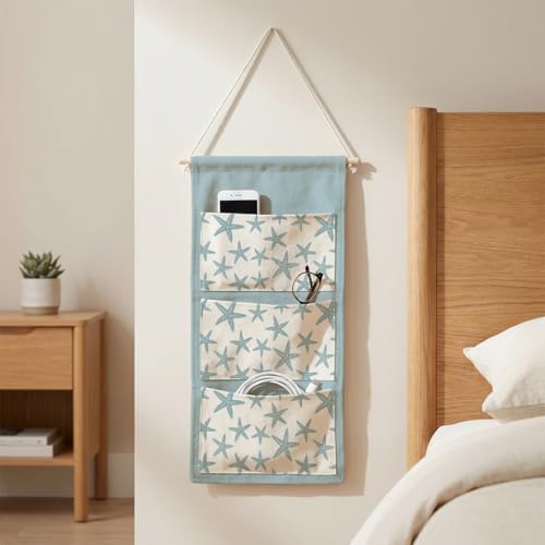 IAXIC Canvas Wall Hanging Organizer with Pockets Fish Extender Hanging Pouch Starfish Print Door Closet Organizers Fabric Storage Pockets Wall Decoration