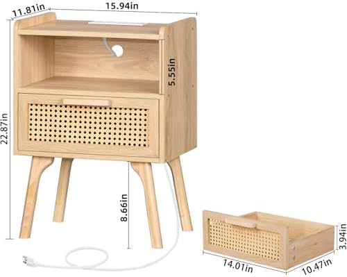 Lerliuo Rattan Nightstand with Charging Station, Boho Night Stand