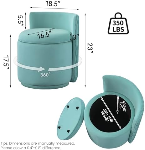 WUTUTUEE Velvet Vanity Chair with Storage, 360° Swivel Makeup Chair with Wave Back, No Assembly Small Accent Stool for Bedroom, Dressing, Living Room, Teal