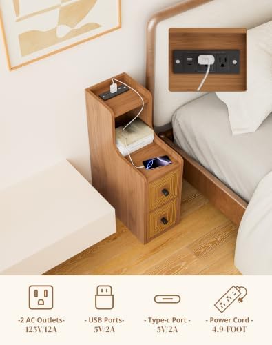 Narrow End Table Set of 2 with Charging Station