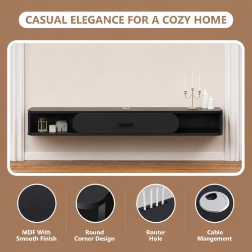 GHC Floating TV Stand, 55'' Wall Mounted TV Cabinet, Floating Shelves with Door, Media Console for DVD Player, Space-Saving Under TV Shelf for Bedroom & Living Room (Black)