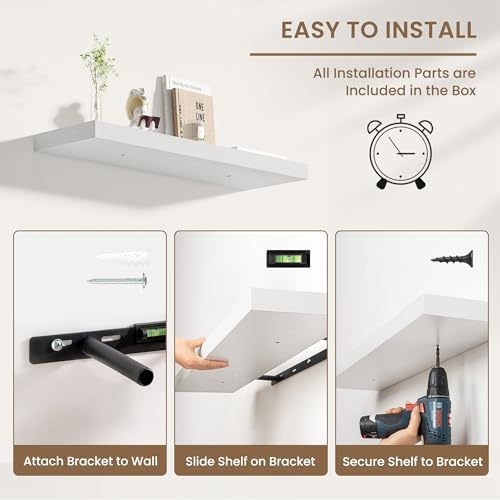 Dreamland 72 Inches Wall Mounted Wood Floating Shelves, White, 2 Pack