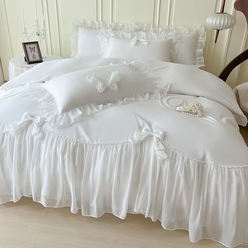 SOUKECHY Ruffled Bedding Bow Duvet Cover Set with Butterfly Tie, Soft Brushed Microfiber Shabby Chic Bedding Set with Zipper Closure-White,Queen