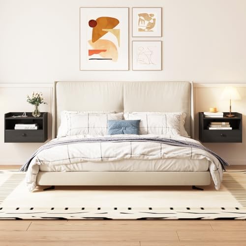 Floating Nightstand Set of 2 Modern Night Stands with Drawer and Open Shelf