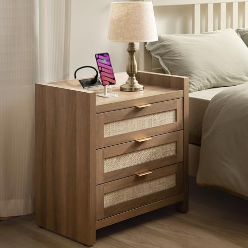 SICOTAS Rattan Nightstand for Bedroom, Bedside Table with 3 Large Drawers