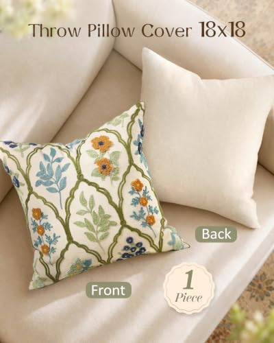 Embroidered Floral Throw Pillow Cover 18x18 Inch, Verdant Blooms