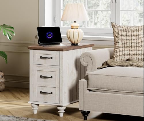 WAMPAT Narrow End Table with Charging Station, Wood Nightstand with Storage