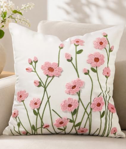 Embroidered Floral Throw Pillow Cover 18x18 Inch, Wild Flower