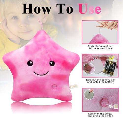 Glow Star Pillow LED Night Light UP Stuffed Animals for Girls Boys Kids Pillows Adults Childrens Plushie Birthday Party, Kids' Plush Toy Pillows Star Shaped Pillow White Pink