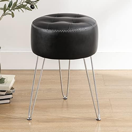 LUE BONA Faux Leather Vanity Stool Chair for Makeup Room, 19” Height, Tufted Small Chair with Metal Legs, Modern Foot Stool Ottoman for Bedroom, Living Room