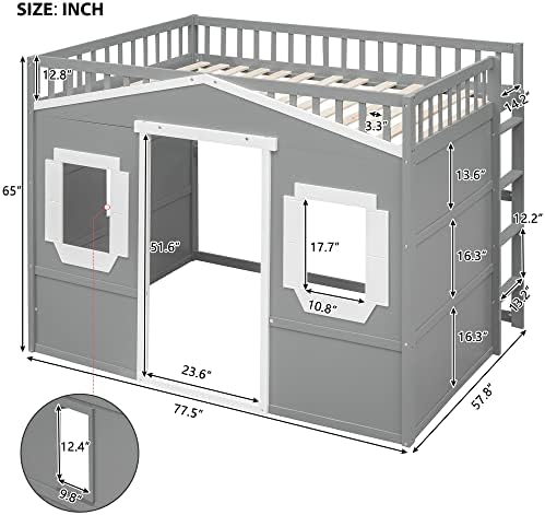 Bellemave Full Size Loft Bed with Play House Shape, Loft Bed Frame with Windows, Entertainment Space and Ladders for Kids, Boys, Girls and Teens, No Spring Needed (Gray+White)