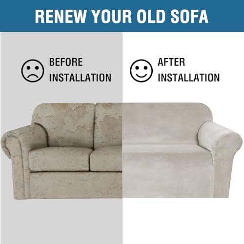 H.VERSAILTEX 1 Peice Stretch Velvet Sofa Covers for 3 Cushion Couch Covers Sofa Slipcovers Furniture Protector Soft, Crafted from Thick Comfy Rich Velour (Sofa 72"-90", Oatmeal)