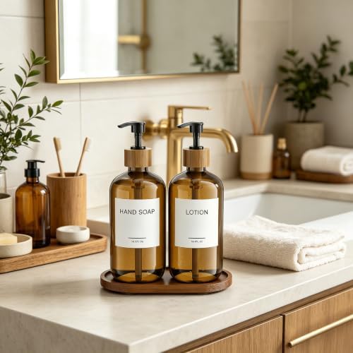 MASADI Amber Soap Dispenser Set with Tray, Dish and Hand soap Lotion Dispenser Set with Wooden Pump for Kitchen and Bathroom Decor for Counter, Modern Vintage Liquid Soap Dispensers