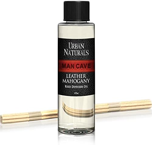 Urban Naturals Leather Mahogany Scented Oil Reed Diffuser Refill | Includes a Free Set of Reed Sticks! Masculine Blend of Smoky Bergamot, Leather, Spice, Amber and Wood – 4 oz. Made in the USA