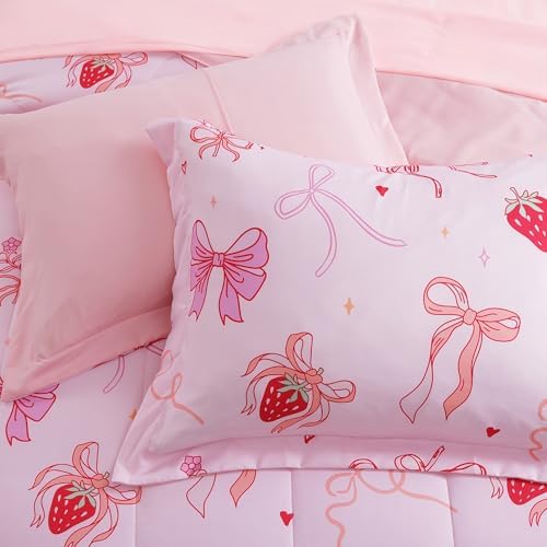 Twin Comforter Set for Girls-3 Pieces Pink Bow Printed Twin Bedding Sets