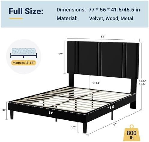 Allewie Full Size Platform Bed Frame with Velvet Upholstered Headboard