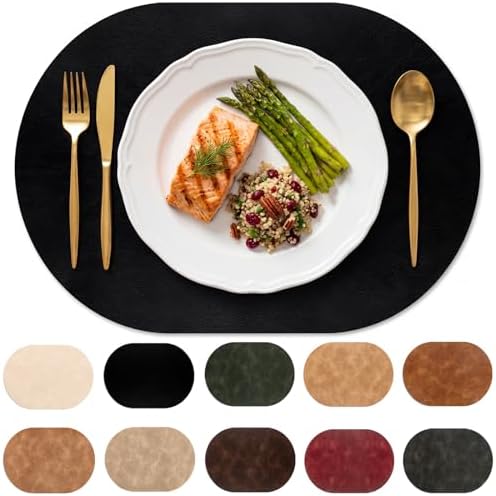 Oval Placemats Set of 6, Wipeable Faux Leather, Black