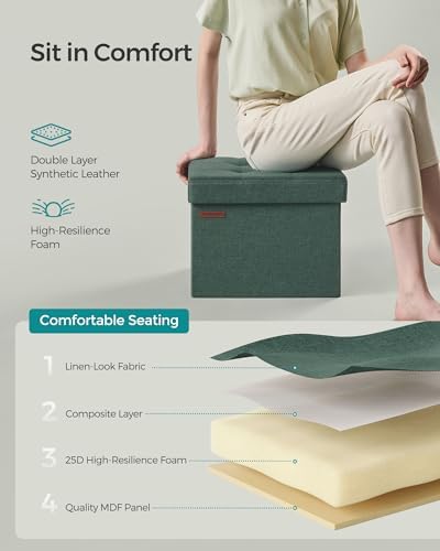 SONGMICS Mazie Collection - Small Folding Storage Ottoman, Foot Rest Stool, 12.2 x 16.1 x 12.2 Inches, 286 lb Load Capacity, for Living Room, Bedroom, Home Office, Dorm, Retro Green ULSF102C01