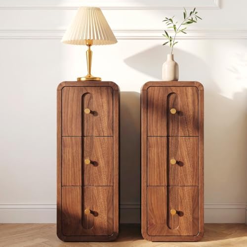 Narrow Nightstand Set of 2, Small Bedside Table with 3 Drawers, Mid Century Modern Skinny Night Stand with Storage, Wood Slim Side Table for Bedroom, Small Spaces, Living Room (Walnut-2pcs)