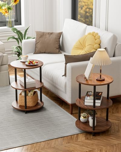 XBurmo Small Round End Table - 3 Tier Design Accent Table, Narrow Side or Bedside Stand, Industrial Vintage Nightstand for Bedroom, Living Room, or Small Spaces, Set of 2, Rustic Walnut