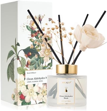 Airkeep Flower Reed Diffusers Set, 5.07 oz Clean Aldehydes Musk Scented Oil Diffuser with 8 Reed Sticks, Home Fragrance Diffuser Gift Set for Bathroom & Office Decor 150ml