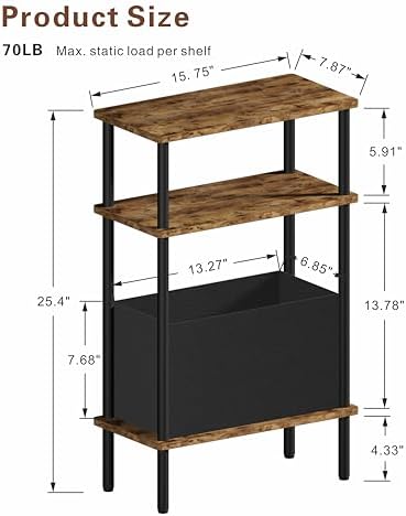 Narrow Side Table with Fabric Basket, Set of 2 End Table for Small Spaces, Slim Nightstand with 3-Tier Storage Shelf, Sofa Beside Table, for Living Room, Bed Room, Rustic Brown