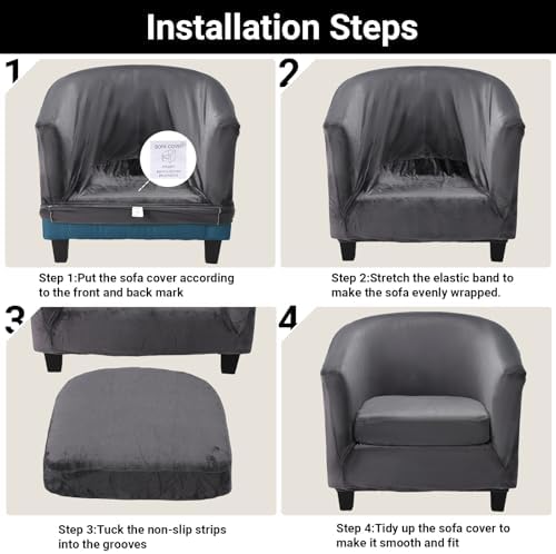 Barrel Chair Slipcovers, 2 Piece Dark Gray Club Armchair Slipcover with Cushion Cover, Non-Slip Washable Furniture Protector Soft Stretch Chair Slip Cover with Arms for Living Room Bar Counter