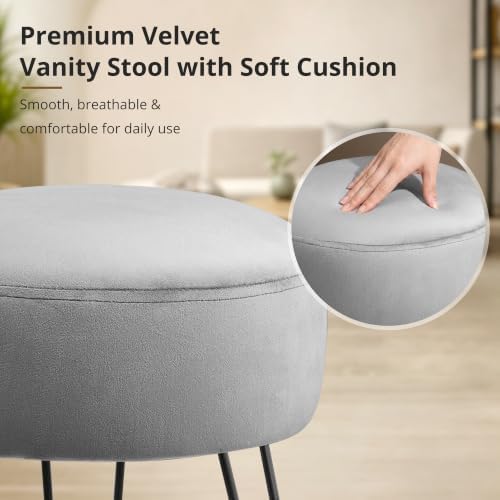 LUE BONA Vanity Stool, Gray Vanity Stools for Makeup Room, Round Ottoman Foot Stool, Velvet Footrest Vanity Chair for Bathroom Vanity, Bedroom, Living Room, Entryway, Offices, 300lbs
