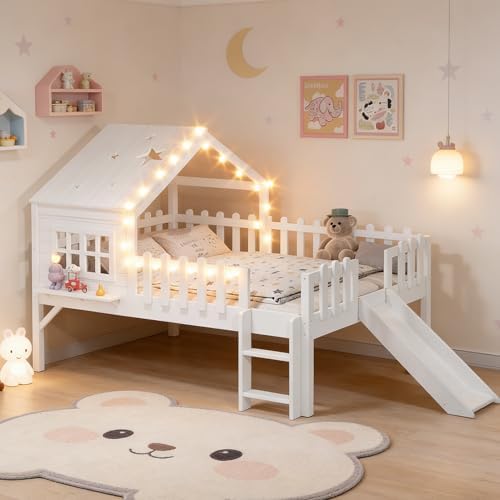 Full Loft Bed with Slide and Ladders, Solid Wood Low Loft Bed with Little Tray, Lights, Playhouse Roof, House Loftbed Frame for Kids, Boys, Girls, Childlike and No Box Spring Needed Design, White