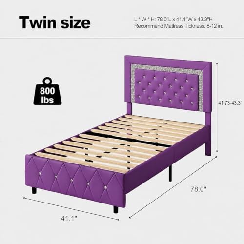 Twin Bed Frame,Faux Leather Upholstered Bed with Diamond Headboard