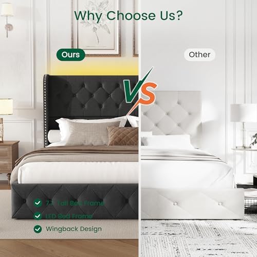 LARMACE King Size Bed Frame with LED Lights and 4 Storage Drawers Linen Upholstered Platform Bed Frame with 47.2" Tall Tufted Headboard Wingback, No Box Spring Needed, Easy to Assemble, Dark Grey