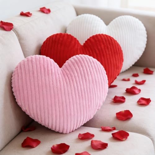 Cumule 3Pcs Valentine's Day Heart Pillows Ribbed Large Love Heart Pillows Red Ivory Pink Pillows for Valentines Day Living Room Bedroom Decor