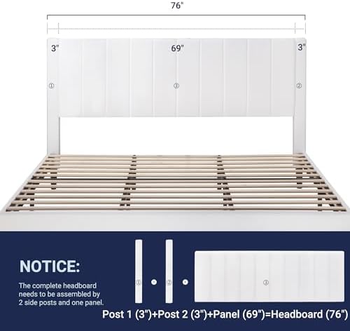 Allewie King Bed Frame/Velvet Upholstered Bed Frame with Vertical Channel Tufted Headboard/Strong Wooden Slats/Platform Bed Frame/Mattress Foundation/Box Spring Optional/Easy Assembly/White