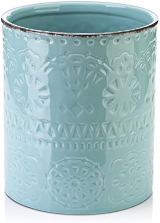 DOWAN 7.2" Kitchen Utensil Holder, Extra Large Farmhouse Utensil Holders for Countertop, Ceramic Utensil Crock, Anti Slip Cork Bottom