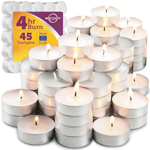 MontoPack Unscented Tea Light Candles 45 Pack | 4 Hours, White, Smokeless, Dripless Small Votive Paraffin Tealights | Long-Lasting for Home, Shabbat, Weddings, Events, Emergencies | Mini Candles Bulk
