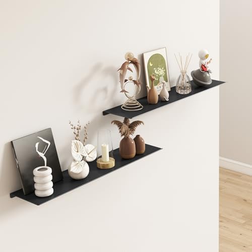 MKO 20" Floating Shelves for Wall, Long Metal Wall Mounted Shelf for Bathroom, Bedroom, Living Room, Kitchen, Display Hanging Shelves for Books/Storage/Room Decor 2 Packs, Black