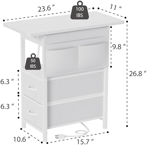 Yenlure Small Side Table with Charging Station, Narrow Nightstand Bedside Tables with Storage Pocket for Living Room Bedroom, Sofa End Table with USB Ports and Power Outlets for Small Spaces