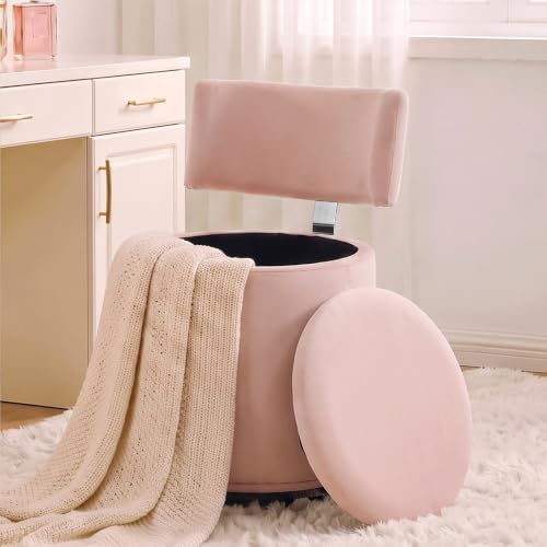 Swivel Vanity Chair with Storage, Velvet Makeup Stool with Higher Back for Living Room, Bedroom, Dressing, Pink