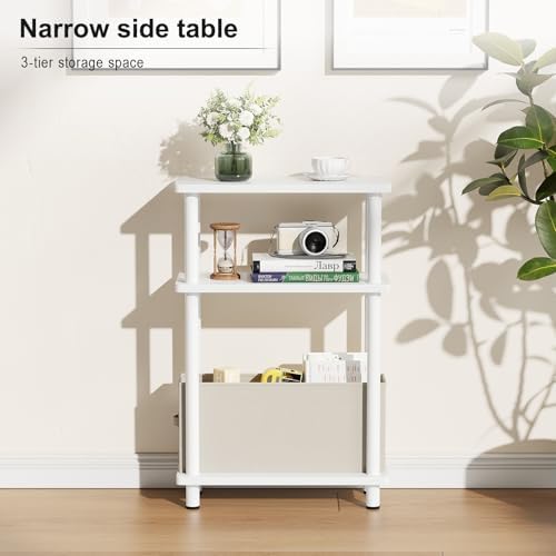 Apicizon Narrow Side Table with Fabric Basket, 3-Tier End Table, White