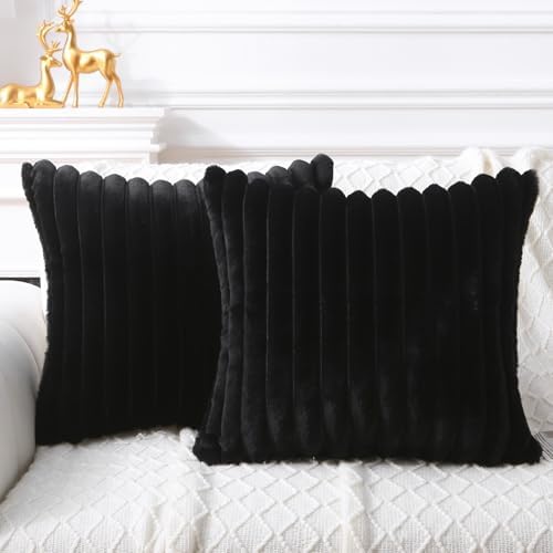 Decorative Throw Pillow with Inserts, Set of 2 Soft Faux Fur Throw Pillows, Boho Striped Pillow for Couch, Bed, Sofa Decor (Black, 22" x 22"(Pack of 2))