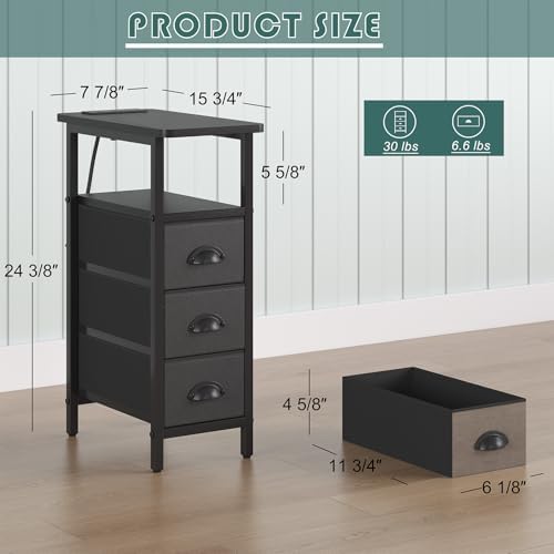 sthmec End Table with Charging Station,Narrow Side Tables with USB Ports and Outlets,Skinny Bedside Tables with 3 Drawers,Small Tables Nightstands for Small Space,Slim Sofa Table for Livingroom,Black