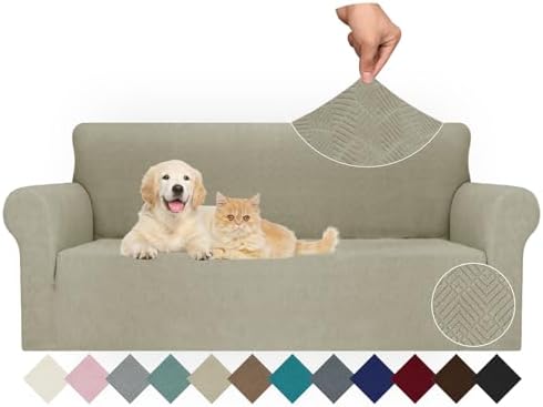 JIVINER Stretch Sofa Covers 1 Piece Couch Covers for 3 Cushion Couch Sofa, 3 Seater Sofa Slipcovers Furniture Protector with Elastic Bottom for Kids, Pets (Khaki, Sofa)