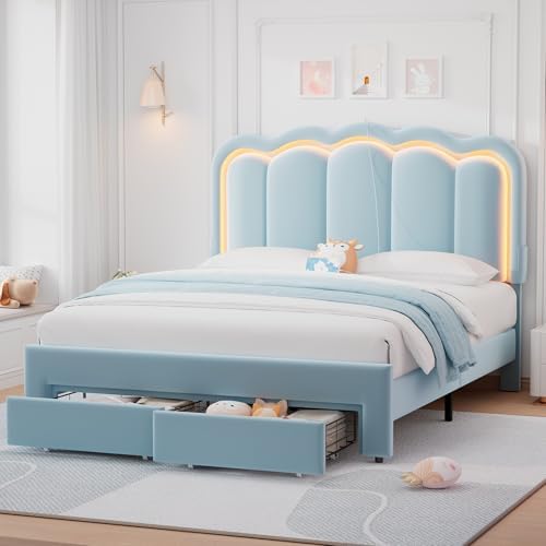 Queen Upholstered LED Bed Frame with 2 Storage Drawers and Adjustable Chic Double Wavy Headboard, Velvet Princess Platform Bed with Charing Station, Solid Wood Slats Support,No Box Spring Needed,Blue