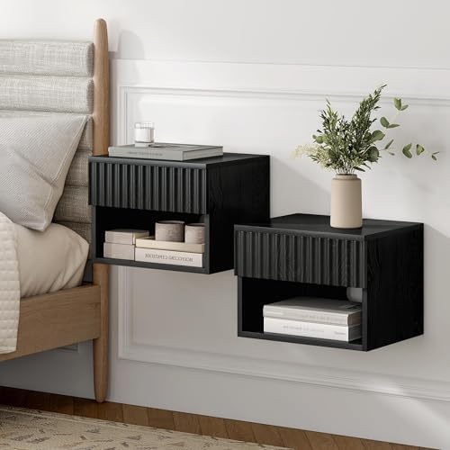 Floating nightstand Set of 2，Modern Fluted Bedside Tables with Drawer & Open Shelf Black